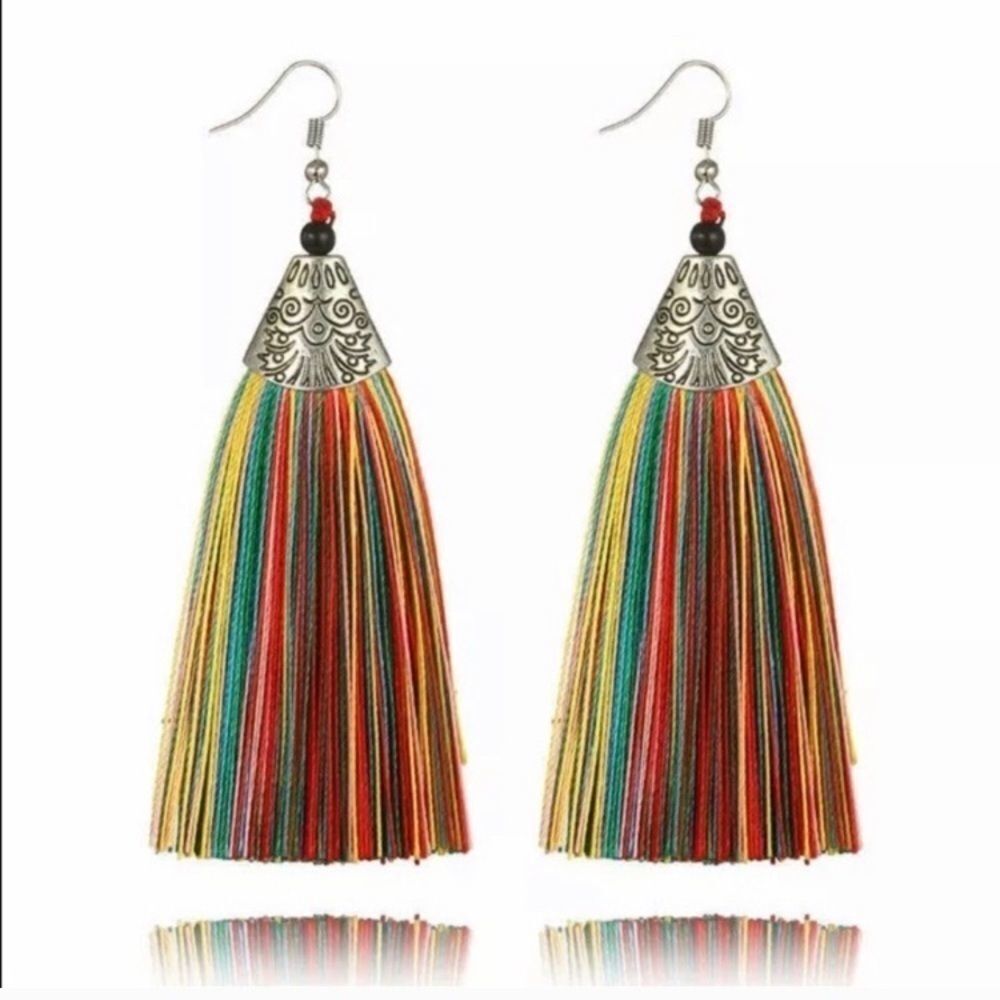 Multicolor Tassels with Tibetan Silver Earrings